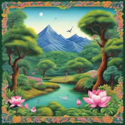 A lush nature scene rendered in the intricate details and bright colors of Indian miniature painting style