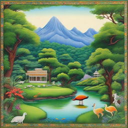 A lush nature scene rendered in the intricate details and bright colors of Indian miniature painting style