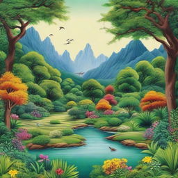 A lush nature scene rendered in the intricate details and bright colors of Indian miniature painting style