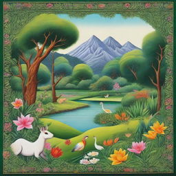 A lush nature scene rendered in the intricate details and bright colors of Indian miniature painting style