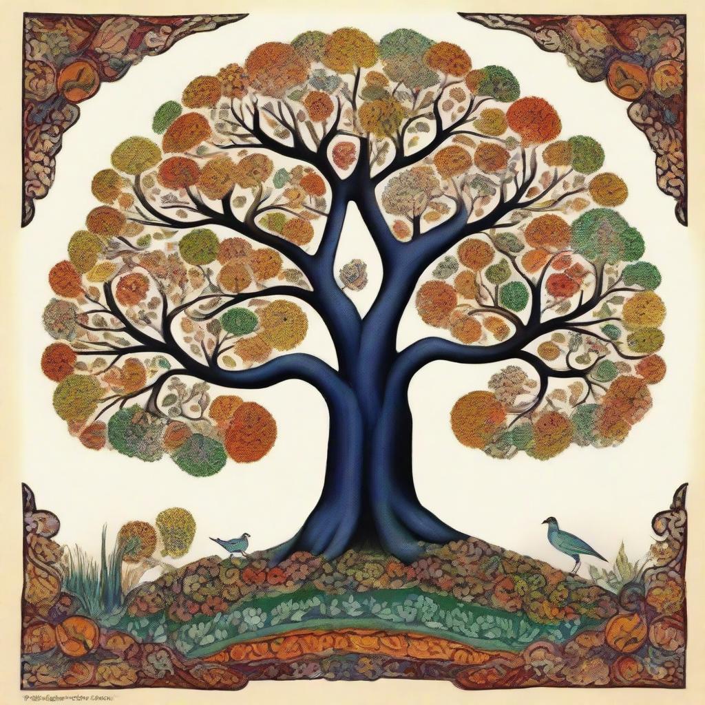 Detailed and colorful tree forms expressed through the rich tradition of Indian miniature painting style