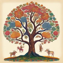 Detailed and colorful tree forms expressed through the rich tradition of Indian miniature painting style