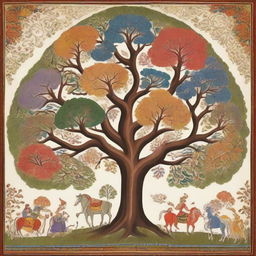 Detailed and colorful tree forms expressed through the rich tradition of Indian miniature painting style