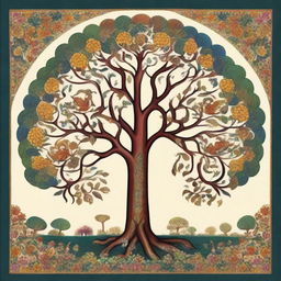 Detailed and colorful tree forms expressed through the rich tradition of Indian miniature painting style