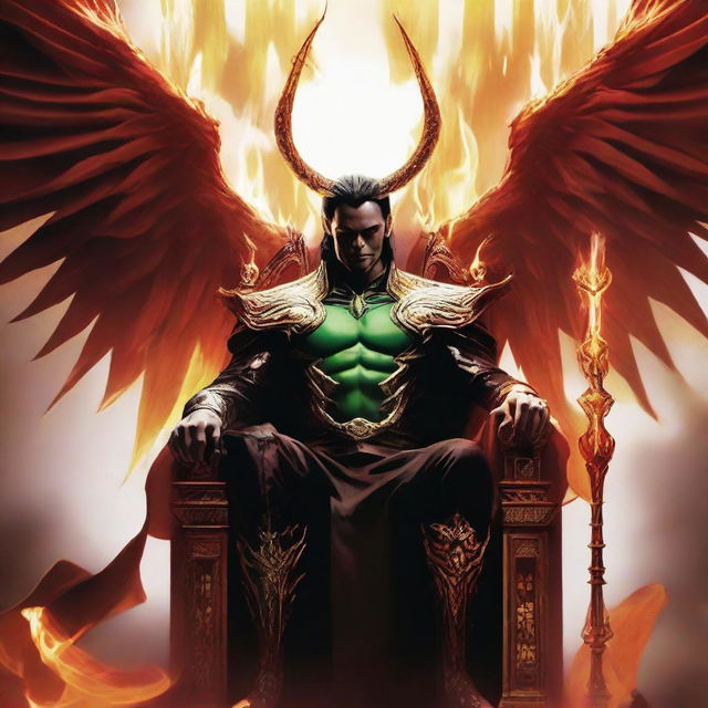 Loki envisioned as Lucifer, garbed in splendid Asgardian attire. Fiery wings unfurl from his back as he sits regally on his hellish throne, a scepter in his hand.