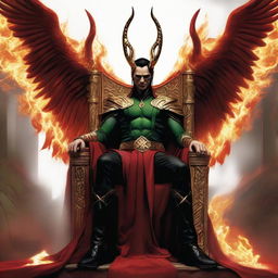 Loki envisioned as Lucifer, garbed in splendid Asgardian attire. Fiery wings unfurl from his back as he sits regally on his hellish throne, a scepter in his hand.