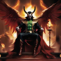 Loki envisioned as Lucifer, garbed in splendid Asgardian attire. Fiery wings unfurl from his back as he sits regally on his hellish throne, a scepter in his hand.