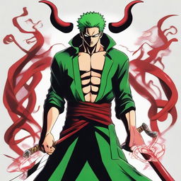 Roronoa Zoro from One Piece depicted as a devil, with devilish traits such as sharp horns, sinister red eyes, and a shadowy aura