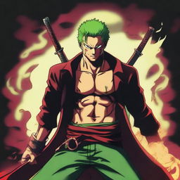 Roronoa Zoro from One Piece depicted as a devil, with devilish traits such as sharp horns, sinister red eyes, and a shadowy aura