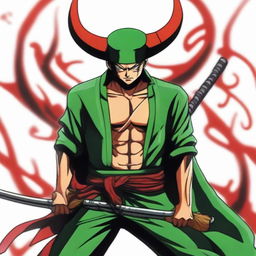 Roronoa Zoro from One Piece depicted as a devil, with devilish traits such as sharp horns, sinister red eyes, and a shadowy aura