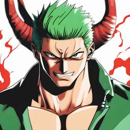 Roronoa Zoro from One Piece depicted as a devil, with devilish traits such as sharp horns, sinister red eyes, and a shadowy aura