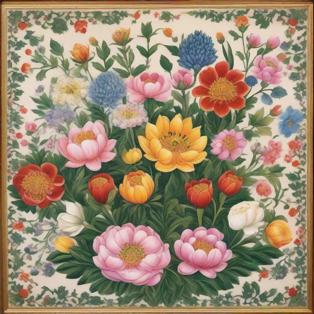 A bountiful display of flowers intricately rendered in the style of Mughal miniature painting