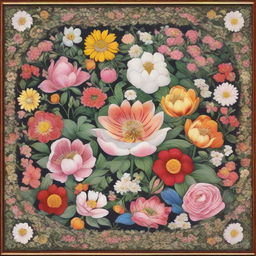 A bountiful display of flowers intricately rendered in the style of Mughal miniature painting