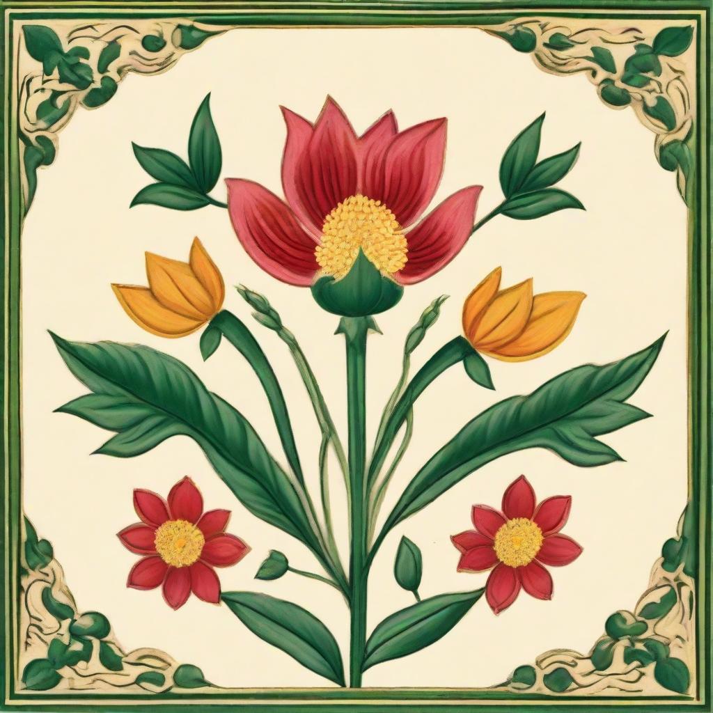 A singular, ornately depicted flower in the style of Mughal miniature painting