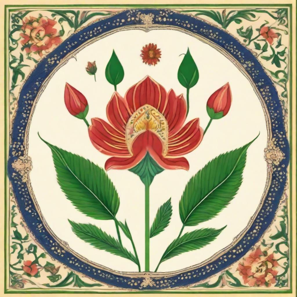 A singular, ornately depicted flower in the style of Mughal miniature painting