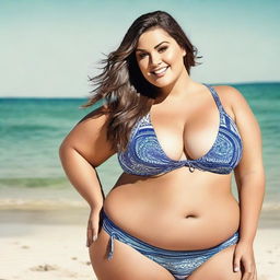 A stunningly beautiful plus-sized woman, confidently showcasing her beauty in a fashionable bikini.