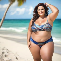 A stunningly beautiful plus-sized woman, confidently showcasing her beauty in a fashionable bikini.