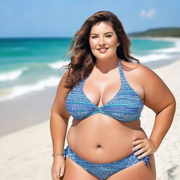 A stunningly beautiful plus-sized woman, confidently showcasing her beauty in a fashionable bikini.