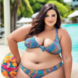 A stunningly beautiful plus-sized woman, confidently showcasing her beauty in a fashionable bikini.