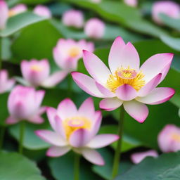 A close-up, detailed view of budding lotus flowers about to bloom