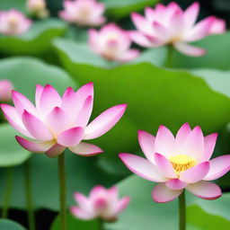 A close-up, detailed view of budding lotus flowers about to bloom