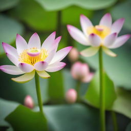 A close-up, detailed view of budding lotus flowers about to bloom