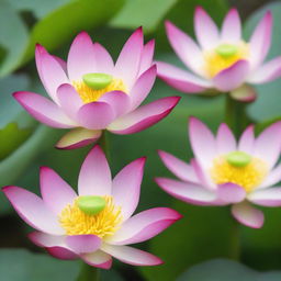 A close-up, detailed view of budding lotus flowers about to bloom