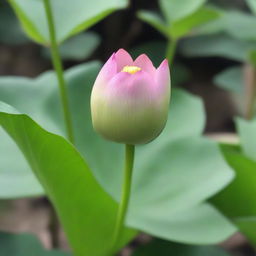 A close-up image of a singular, about-to-bloom lotus bud, full of potential