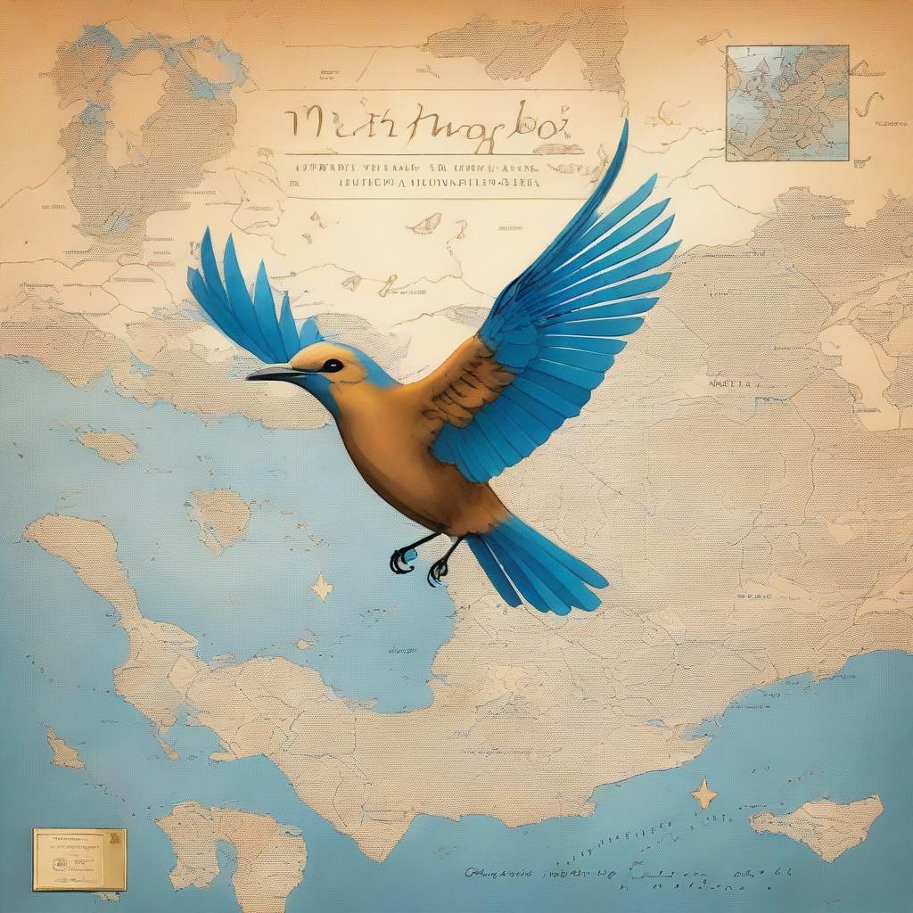 A high-quality digital art piece, featuring a symbolic nightingale bird in flight over an open world map with road trip themes