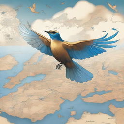 A high-quality digital art piece, featuring a symbolic nightingale bird in flight over an open world map with road trip themes