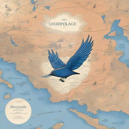 A high-quality digital art piece, featuring a symbolic nightingale bird in flight over an open world map with road trip themes