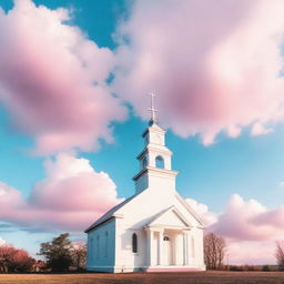 White church with a sky transitioning from pink to blue in the background