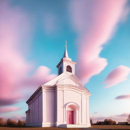 White church with a sky transitioning from pink to blue in the background