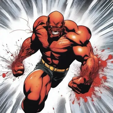In the comic book, the hero's powerful punch resulted in a dramatic splatter of blood.