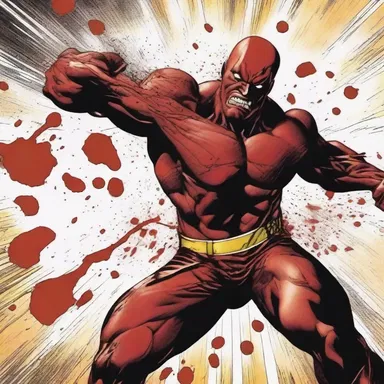 In the comic book, the hero's powerful punch resulted in a dramatic splatter of blood.