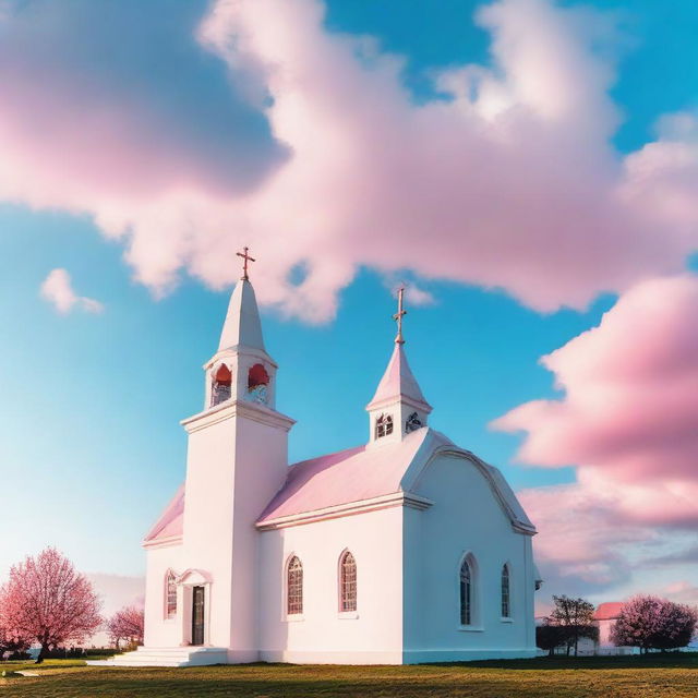 White church with a sky transitioning from pink to blue in the background