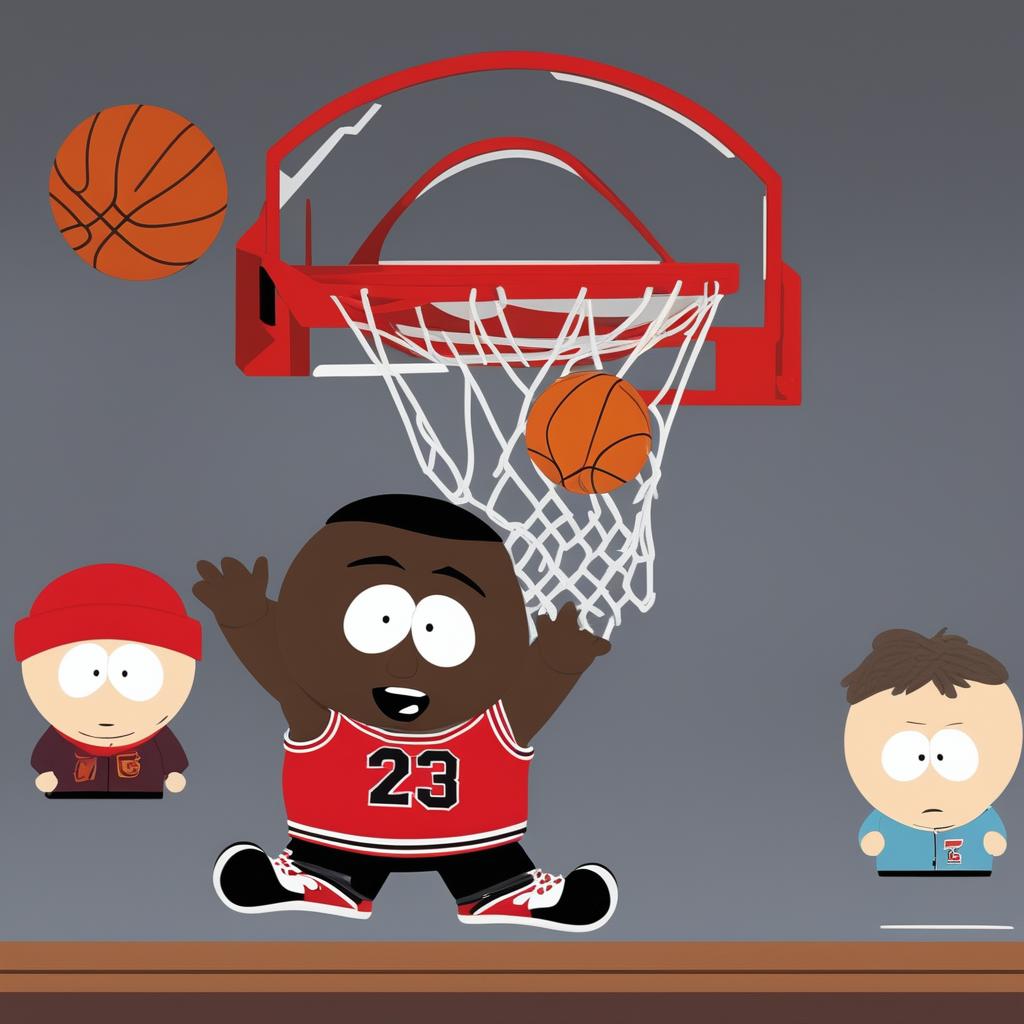 A high-resolution digital artwork of Michael Jordan depicted as a South Park character, complete with his iconic Chicago Bulls uniform and number 23