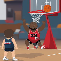 A high-resolution digital artwork of Michael Jordan depicted as a South Park character, complete with his iconic Chicago Bulls uniform and number 23