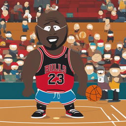 A high-resolution digital artwork of Michael Jordan depicted as a South Park character, complete with his iconic Chicago Bulls uniform and number 23