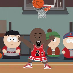 A high-resolution digital artwork of Michael Jordan depicted as a South Park character, complete with his iconic Chicago Bulls uniform and number 23