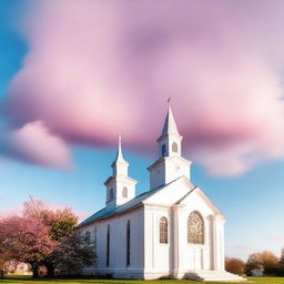 White church with a sky transitioning from pink to blue in the background