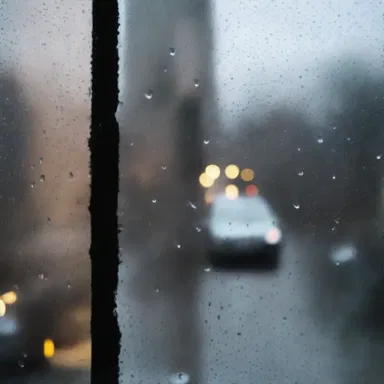 The author described a splatter of raindrops hitting the window pane to set the mood of the scene.