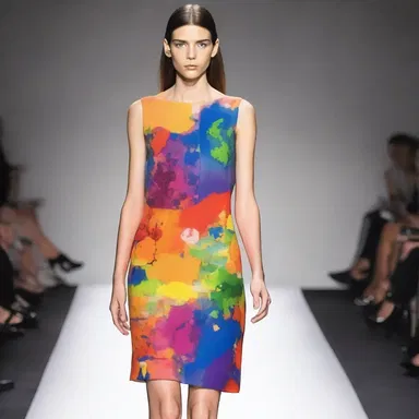The designer incorporated a splatter of vibrant colors in the print of the dress to make it more visually appealing.