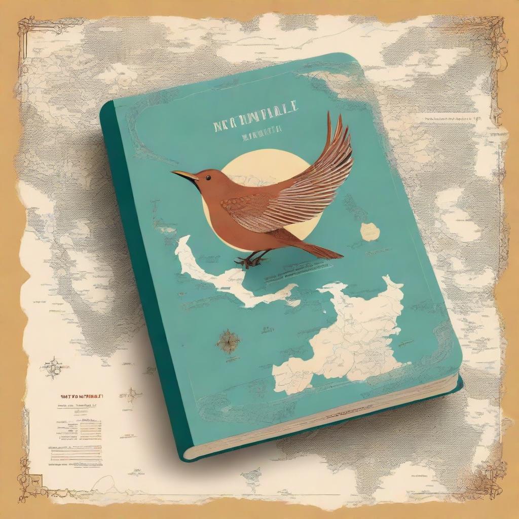 A high-quality digital art piece, designed as a book cover, showcases a symbolic nightingale bird soaring above an open Asia-Europe map with road trip elements