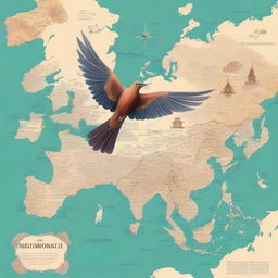 A high-quality digital art piece, designed as a book cover, showcases a symbolic nightingale bird soaring above an open Asia-Europe map with road trip elements