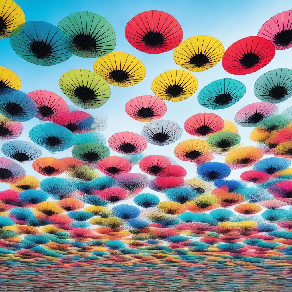 A sky full of floating, soaring fans, each with its unique colour and design