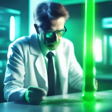In the futuristic city, the scientist accidentally splattered the green glowing liquid from the test tube.