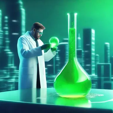 In the futuristic city, the scientist accidentally splattered the green glowing liquid from the test tube.