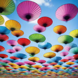 A sky full of floating, soaring fans, each with its unique colour and design