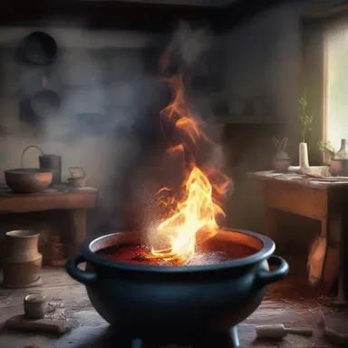 The witch's cauldron boiled over, causing a mysterious concoction to splatter across the room, releasing magical sparks.